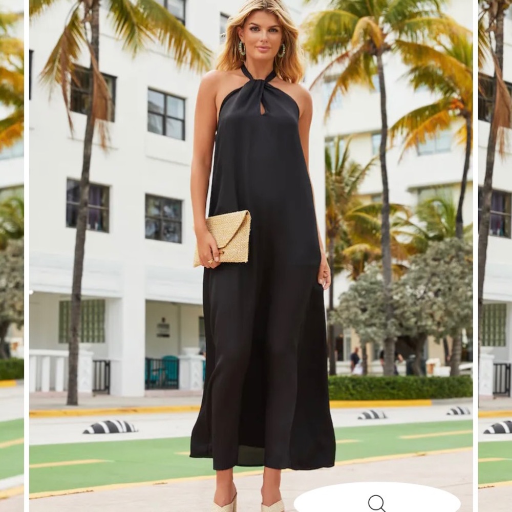 New black satin halter dress
